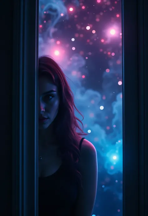 best quality picture of a half seen woman behind a half open doors that hide the stars,  smoke rising from behind the door, dynamic background, vibrant, Ultra-high resolution, High Contrast, (masterpiece:1.5), highest quality, Best aesthetics), best detail...