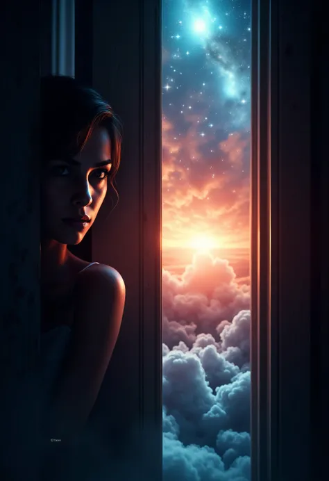 best quality picture of a half seen woman behind a half open doors that hide the stars,  smoke rising from behind the door, dynamic background, vibrant, Ultra-high resolution, High Contrast, (masterpiece:1.5), highest quality, Best aesthetics), best detail...