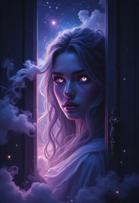 best quality picture of a half seen woman, with glowing eyes, behind a half open doors that hide the stars,  smoke rising from behind the door, dynamic background, vibrant, Ultra-high resolution, High Contrast, (masterpiece:1.5), highest quality, Best aest...