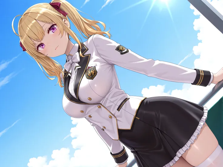 solo,masterpiece,best quality, amazing quality, highres, absurdres, very aesthetic, high resolution, ultra detailed, perfect details,nijirion,large breasts,purple eyes,blonde hair,twintails,ahoge,hair ribbon,nijirioncos,white shirt,white bowtie,white jacke...