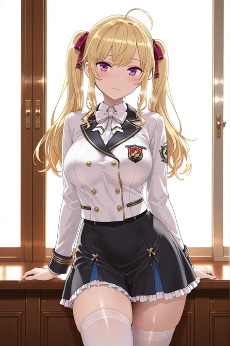 solo,masterpiece,best quality, amazing quality, highres, absurdres, very aesthetic, high resolution, ultra detailed, perfect details,nijirion,large breasts,purple eyes,blonde hair,twintails,ahoge,hair ribbon,nijirioncos,white shirt,white bowtie,white jacke...