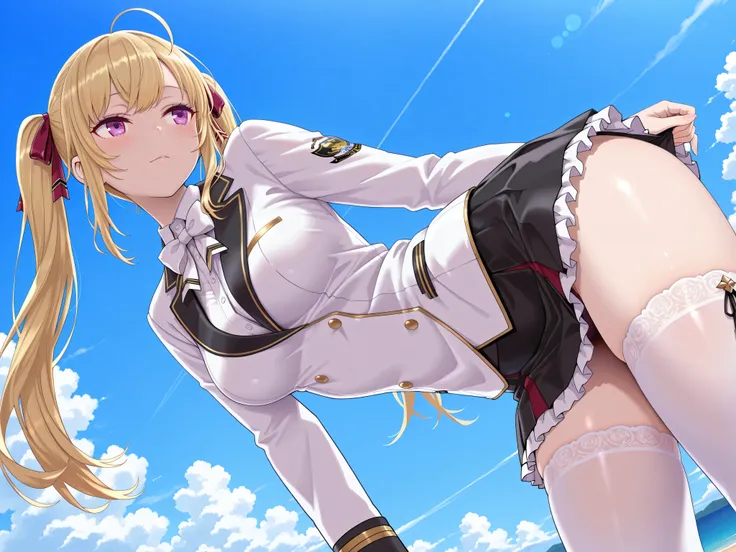solo,masterpiece,best quality, amazing quality, highres, absurdres, very aesthetic, high resolution, ultra detailed, perfect details,nijirion,medium breasts,purple eyes,blonde hair,twintails,ahoge,hair ribbon,nijirioncos,white shirt,white bowtie,white jack...