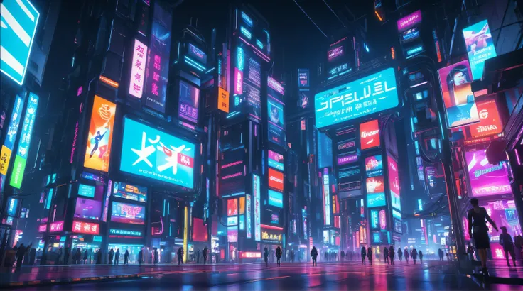 a brightly lit city street at night with neon signs and people, hyper realistic cyberpunk city, futuristic cyberpunk tokyo night, in a futuristic cyberpunk city, hyper-realistic cyberpunk style, busy cyberpunk metropolis, in cyberpunk city, style hybrid mi...