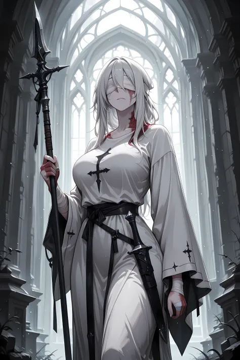 1girl, adult, white hair, long hair, pale skin, white blindfolded, burn scar, bandage on hand, burn scar on hand, breasts, white dress, long sleeves, wide sleeves, t-shirt, sheathed, dagger, holding spear, masterpiece, best quality, high quality,