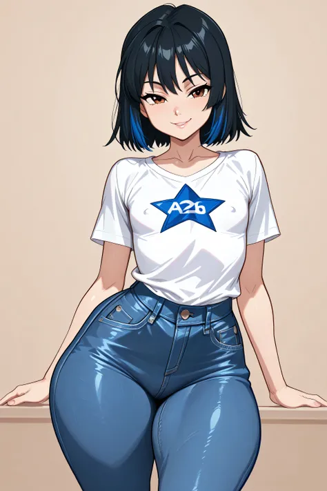  a 26 years old femboy, short black hair with blue streaks, brown eyes, small breasts almost flat chest, wearing a white shirt with blue star logo on chest and blue denim jeans, curvy tall body, thick thighs, seductive smile, sexy pose. 8K ultra HD, high q...