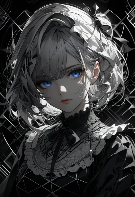 (digital art:1.5),(geometric art:1.7),(top-quality),(masterpiece),Delicately drawn face,girl with a pretty face,beautiful detailed blue eyes,Gothic Lolita Fashion,((Black and white costume)),(Beautiful silky silver hair:1.2),black ribbon hair ornament,Film...