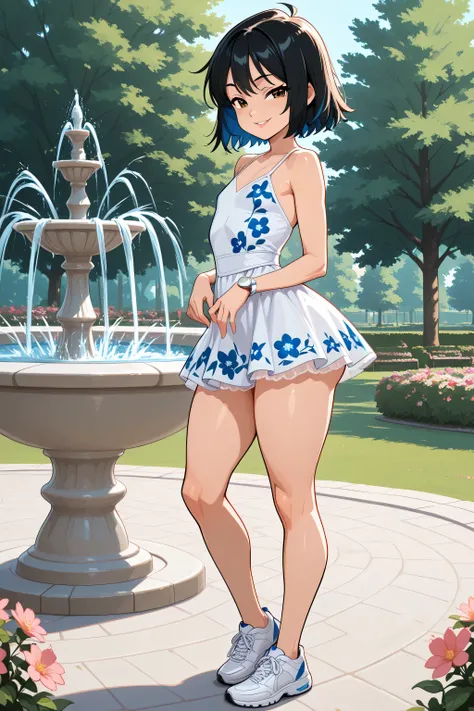  a 26 years old femboy, short black hair with blue streaks, brown eyes, small breasts almost flat chest, wearing a white short dress with floral patterns, white wrist watch and white shoes, curvy tall body, thick thighs, seductive smile, sexy pose. 8K ultr...