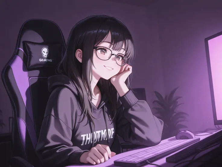 womanhood, dark haired, indoor, dim, gaming chair, PC, Hot atmosphere , glasses, Smile Yan, High Quality, 4K, Super Detailed