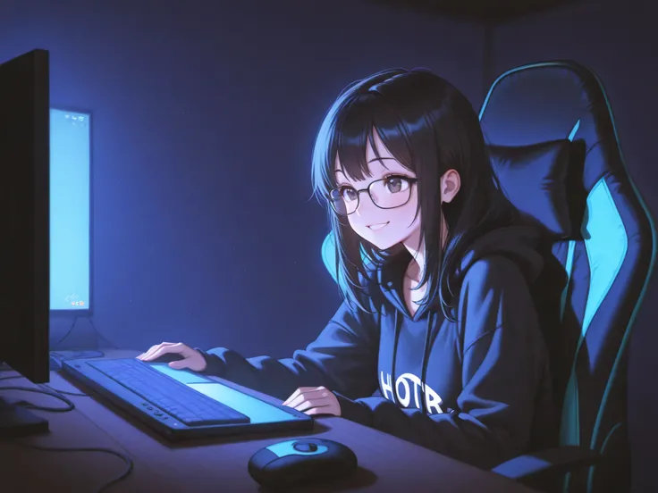 womanhood, dark haired, indoor, dim, gaming chair, PC, Hot atmosphere , glasses, Smile Yan, High Quality, 4K, Super Detailed