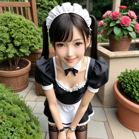 (1人の可愛いyounger女の子)、Maid,I'm tending a garden outside a traditional western mansion,A beautiful girl leaning forward,Black lace stockings,from above,Watch viewers,(Smile Yang:0.86), (younger:0.80),(skinny:1.37),(big breasts:0.79),Japanese