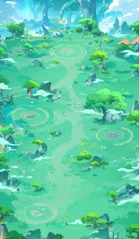 there is a cartoon picture of a green field with trees, background art, background aerial battle, magical battlefield background, mobile game background, background artwork, arena background, stylized concept art, magical battlefield backround, game textur...
