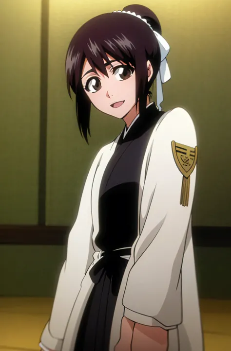 masterpiece, Highest quality , one girl from the side , romantic love , black hair, single , ponytail, Vancouver, brown eyes, kimono, white sleeveless coat ,Captain's coat without white sleeves, black kimono , smile, alone, I'm looking for , simple backgro...