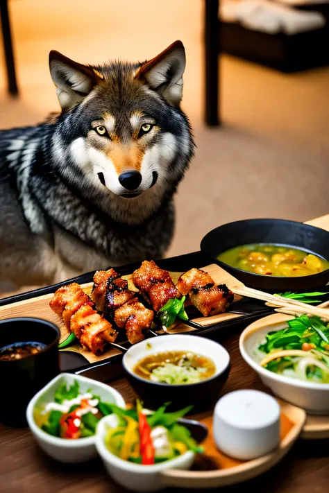 Wolf eating yakitori、dog is cooking