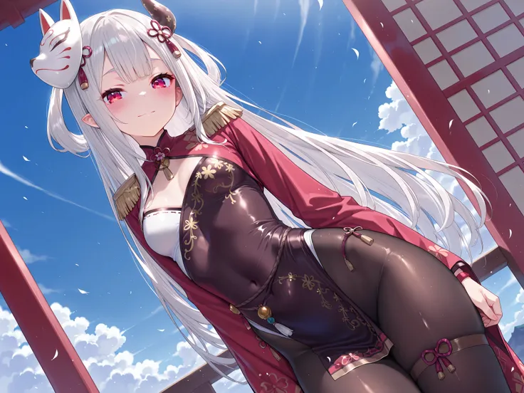 solo,masterpiece,best quality, amazing quality, highres, absurdres, very aesthetic, high resolution, ultra detailed, perfect details,(masterpiece, detailed:1.2),NRNijisanji, NR1stCostume, long hair, grey hair, red eyes, horns, floral print, flower knot, ma...