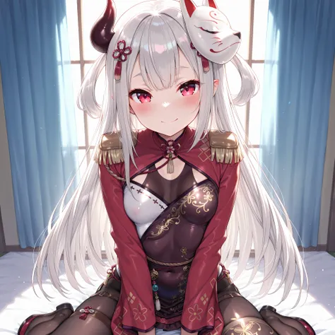 solo,masterpiece,best quality, amazing quality, highres, absurdres, very aesthetic, high resolution, ultra detailed, perfect details,(masterpiece, detailed:1.2),NRNijisanji, NR1stCostume, long hair, grey hair, red eyes, horns, floral print, flower knot, ma...