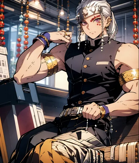 1man, White hair, black tank top, Broad shoulders,very muscular, ultra muscular,very strong, light purple eyes, ponytail, diamond accessories on head, golden earrings, golden bracelet on biceps, big pants, long red socks, black slipper, white belt, red tat...