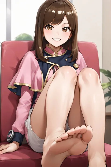 feet,1girl, solo, brown hair, long hair, smile, shorts, uniform, capelet, brown eyes, white shorts,sayooharu,Anime girl sitting on a chair with 大きな足 and pink shirt, Huge Art, フットアート POV, 詳細な足のPOV, 大きな足, 足のポーズ, ティファ, フットアート, !!非常に詳細な!!, 彼女のほっそりとした脚はあなたを驚かせる...