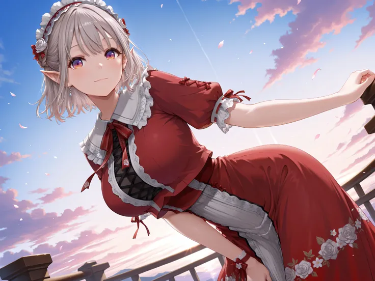 masterpiece,best quality, amazing quality, highres, absurdres, very aesthetic, high resolution, ultra detailed, perfect details,niji-elu,,large breasts,gradient eyes,red eyes,purple eyes,grey hair,pointy ears,short hair,bangs,earrings,niji-elucos1,red dres...