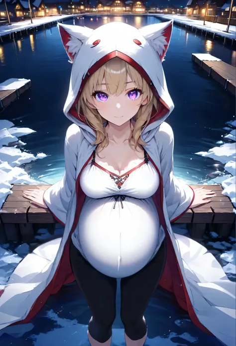 High Resolution, Best Quality, Super Detailed, Masterpiece, 4K, snowy dockside, night, 1girl, blonde hair, violet eyes, medium breasts, adult body, white cloak, white cat ear hood, white camisole with red trim, black leggings, sandals, looking at viewer, s...