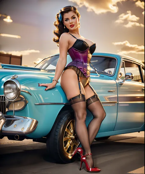 Portrait of a pinup woman with brilliantly detailed eyes and feminine attire, set against an industrial backdrop with intricate mechanical gears. She wears a beautiful corset, along with black stockings and luxuous artisan high heels. Her hairstyle is crea...