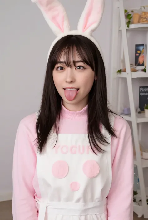  image taken from the foot according to the rules below.
semi-shiort, straight, black-haired Japanese woman, stick out your tongue, ((yogurt drips on my tongue:1.3)), smilng, facing the front, facing straight,  above bust shot, ahegao, ahegao face, tongue ...