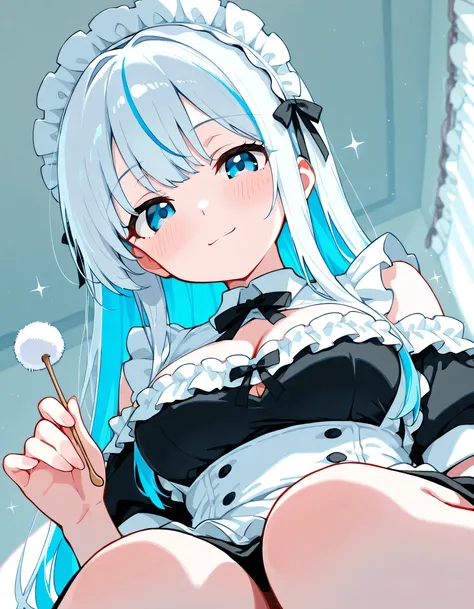 lapov, mimikaki,((1girl only)), a cheerful anime maid girl, mint blue eyes, soft gentle smile, long flowing pale silver hair with faint icy blue highlights, ends gently curled inward, slightly droopy round eyes with a kind sparkle, wearing a simple classic...