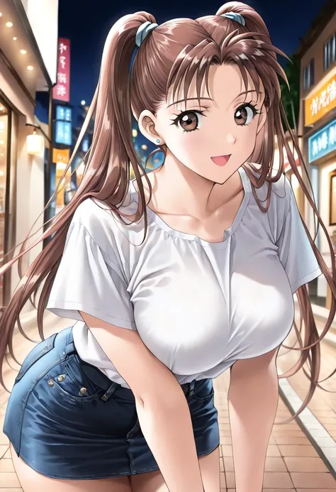 masterpiece, Newest, vibrant, very aesthetic, high contrast,mature woman,solo,((KanouRyouko, twintails, brown hair, long hair, brown eyes, large breasts)),((white casual wear,Short sleeve,denim miniskirt)), viewer, perfect hands, perfect anatomy, Viewer, p...