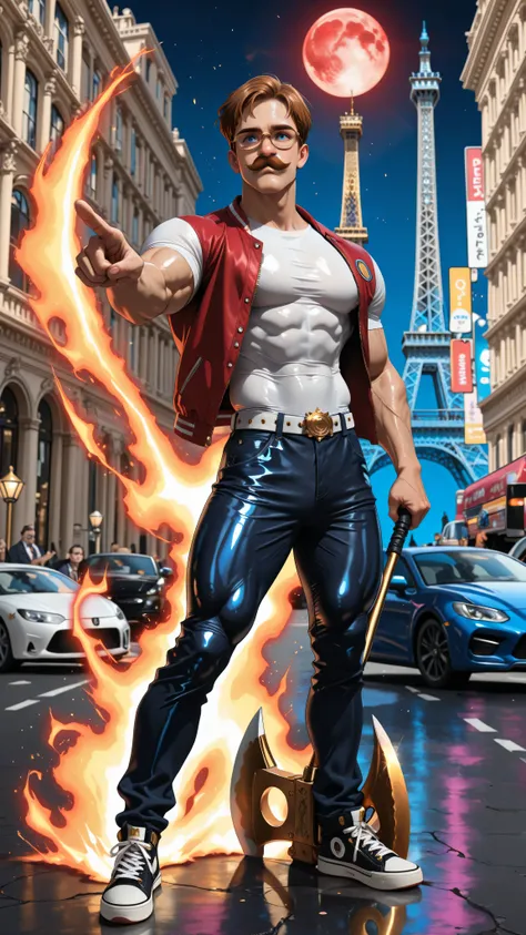 <blora:ChamesCanorponyXL:1>
(( UHD. 8K. masterpiece. Hyper-detailed. perfect anatomy. Sharp and Saturated Colors.))
 1 number. Escanor, ((Muscular)), short hair, Brown hair, mustache, blue eyes, ((open jacket in shiny gold fabric)), tight white t-shirt und...