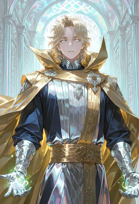 8k, beautiful masterpiece, looking out at the front, alone, pale skin, Perfect Eyes shape, Athletic Build, ((He wears: White Doctor Strange Robes, Eye of Agamotto Amulet, Golden Cape with Cowl, Mystic Gloves, Golden Sash)), (((background is vast magic libr...