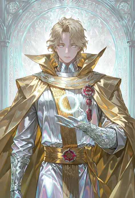 8k, beautiful masterpiece, looking out at the front, alone, pale skin, Perfect Eyes shape, Athletic Build, ((He wears: White Doctor Strange Robes, Eye of Agamotto Amulet, Golden Cape with Cowl, Mystic Gloves, Golden Sash)), (((background is vast magic libr...