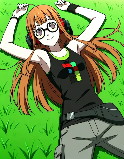 p5futaba, sakura futaba, long hair, glasses, blunt bangs, orange hair, ahoge
p5futaba-summer, behind-the-head headphones, black tank top, bare shoulders, cargo pants, tetris, grey pants, fanny pack, wristband, anime screencap, shiny skin, high quality, sol...