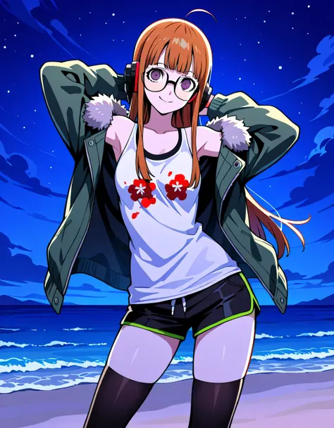 p5futaba, sakura futaba, long hair, glasses, blunt bangs, orange hair, ahoge
p5-futaba-winter, behind-the-head headphones, fur-trimmed jacket, green jacket, shirt, white tank top, off shoulder, bare shoulders, black shorts, black thighhighs,  shiny skin, h...
