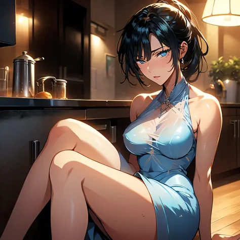 nsfw、animation、ONE WOMAN、sleeping on the floor、(((sexy pose with crotch spread)))、(((I'm putting my right hand on my crotch)))、silver long hair、(((ponytail)))、(((blue eyes)))、sad expression、(((small breasts)))、(((slim figure)))、(((see-through short white d...
