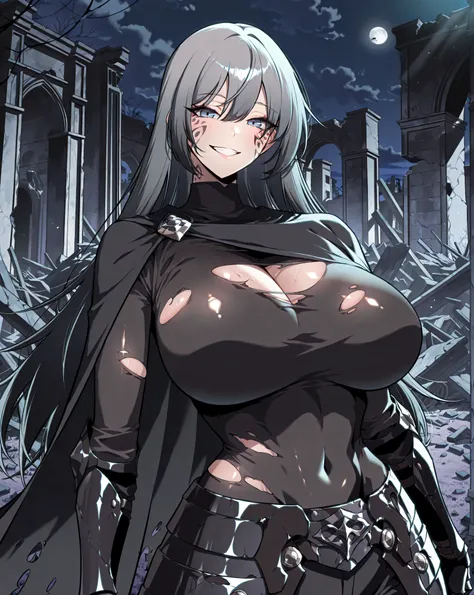 masterpiece, best quality, amazing quality, very aesthetic, absurdres, newest, scenery, 1girl, solo, huge breasts, <lora:Dark Teresa du Laurentia illustxl:0.9> facial tattoo, facial mark, blue eyes, long hair, grey hair, black hair, hair between eyes, blac...