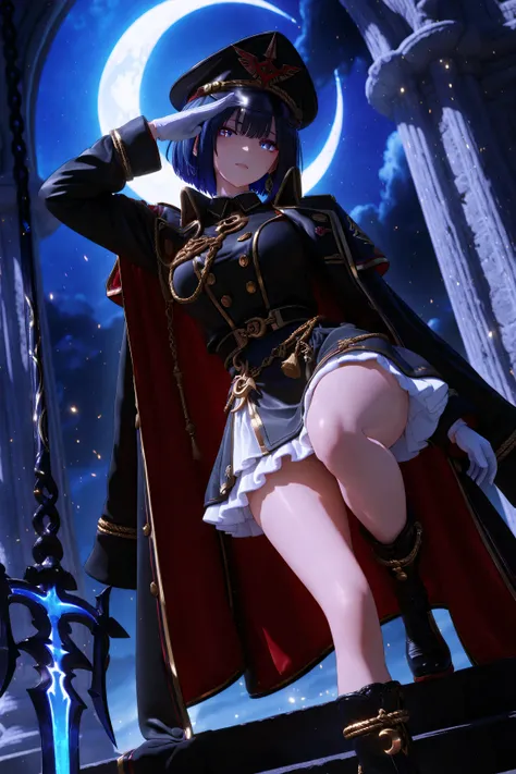 Masterpiece, high quality, ultra high resolution, 16K, 3D, intricately detailed background, Makoto Shinkai style illustration, digital paint, hyper-realistic, dark blue short bob hair, deep indigo eyes with sharp, elongated shape, black military cap adorne...