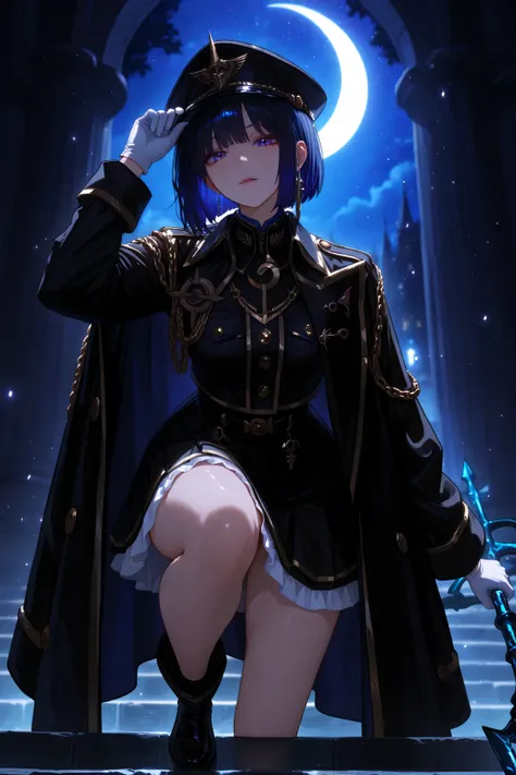 Masterpiece, High Quality, High Resolution, 16k, Animated, Detailed Background, Hyperrealistic, Digital Paint, dark blue short bob hair, deep indigo eyes with sharp, elongated shape, black military cap adorned with a gold trident emblem, black high-collar...