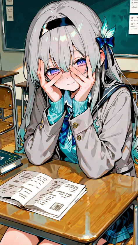 score_9, score_8_up, score_7_up, masterpiece, best quality, amazing quality,, firefly hsr,long hair,grey hair,purple eyes,black hairband, skirt, shirt, bow, school uniform, jacket, grey jacket, pleated skirt, bowtie, sweater, blue bow, blue shirt,, classro...