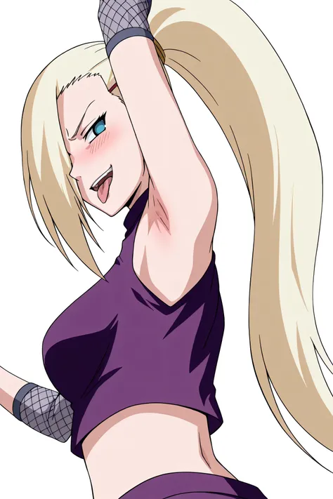 masterpiece, best quality, amazing quality, anime screencap, anime coloring, 1girl, solo, InoShipuuden, blonde hair, high ponytail, hair over one eye purple skirt, fishnets, crop top, breasts, blue eyes, bare shoulders, arm up, raised arm, armpit, light so...