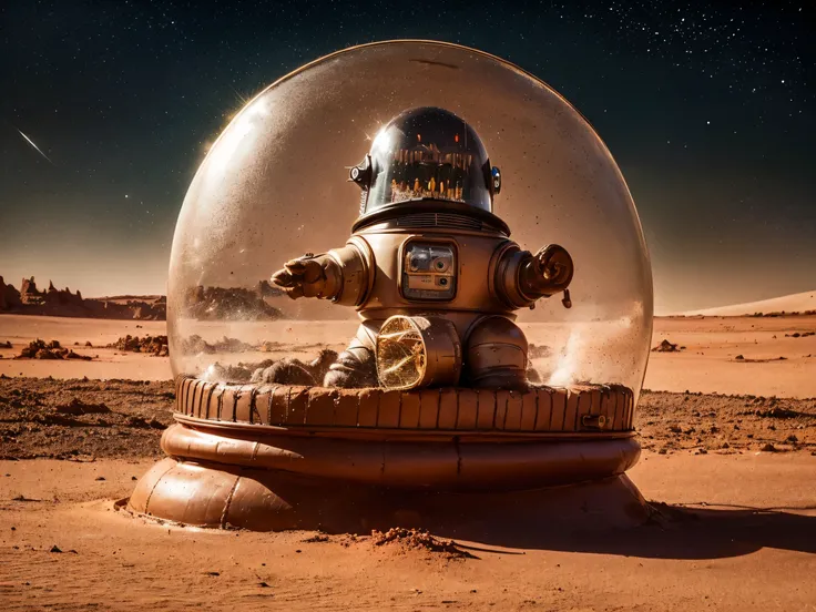 8k, (Robby3), (full body, cone shaped glass dome head, glowing vacuum tubes inside head, rounded cylinder-shaped chest, Michelin man legs), (red desert planet, glowing horizon, flying saucer, Martian landscape),