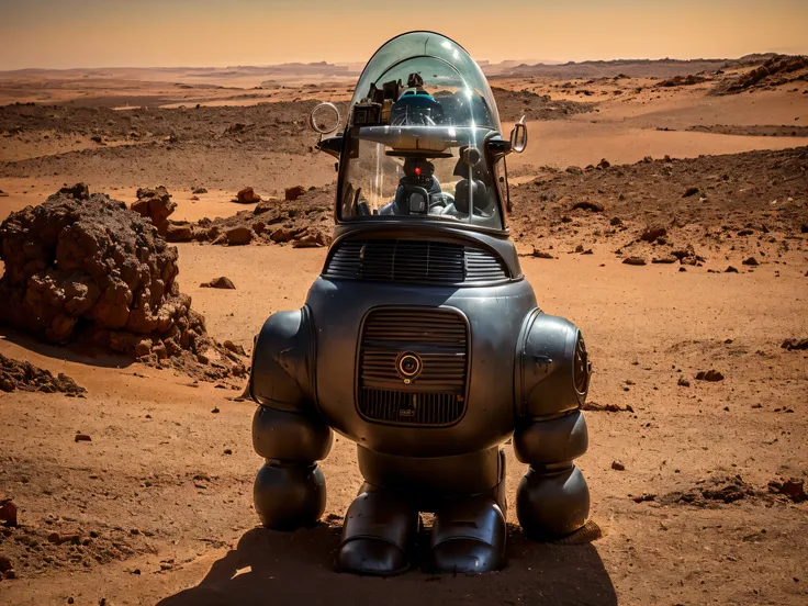 8k, (Robby3), (full body, cone shaped glass dome head, glowing vacuum tubes inside head, rounded cylinder-shaped chest, Michelin man legs), (red desert planet, glowing horizon, flying saucer, Martian landscape),