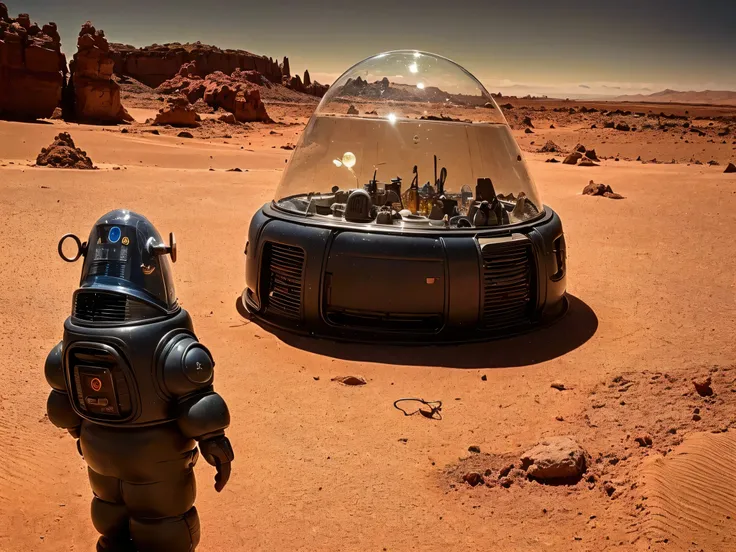 8k, (Robby3), (full body, cone shaped glass dome head, glowing vacuum tubes inside head, rounded cylinder-shaped chest, Michelin man legs), (red desert planet, glowing horizon, flying saucer, Martian landscape),