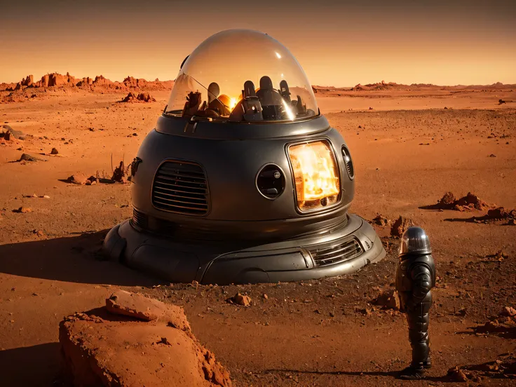 8k, (Robby3), (full body, cone shaped glass dome head, glowing vacuum tubes inside head, rounded cylinder-shaped chest, Michelin man legs), (red desert planet, glowing horizon, flying saucer, Martian landscape),