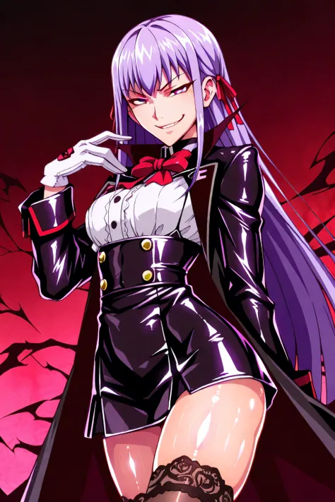 PURPLE EYES, long hair, purple hair, uniform、hair ribbon, red ribbon、BBBase, neck bow,  Let's do it like a white shirt, black skirt, High Waist Skirt, white gloves, Black knee-highs, lace trim legwear, black coat,  , smile, 、(evil smirk:1.9),Ufotable Style...