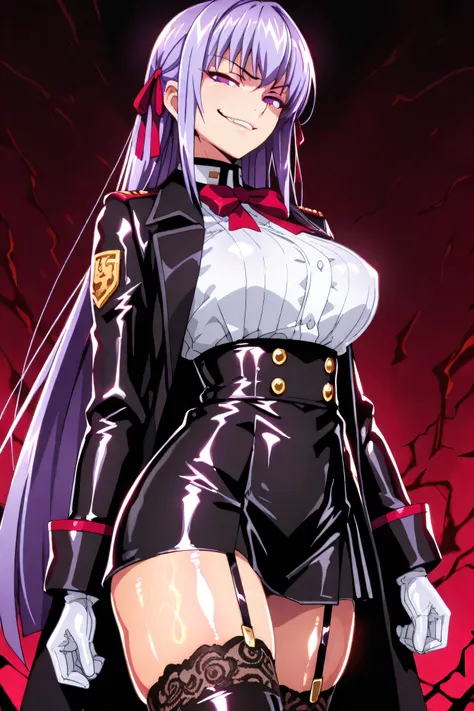 PURPLE EYES, long hair, purple hair, uniform、hair ribbon, red ribbon、BBBase, neck bow,  Let's do it like a white shirt, black skirt, High Waist Skirt, white gloves, Black knee-highs, lace trim legwear, black coat,  , smile, 、(evil smirk:1.5),Ufotable Style...