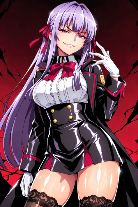 PURPLE EYES, long hair, purple hair, uniform、hair ribbon, red ribbon、BBBase, neck bow,  Let's do it like a white shirt, black skirt, High Waist Skirt, white gloves, Black knee-highs, lace trim legwear, black coat,  , smile, 、(evil smirk:1.5),Ufotable Style...