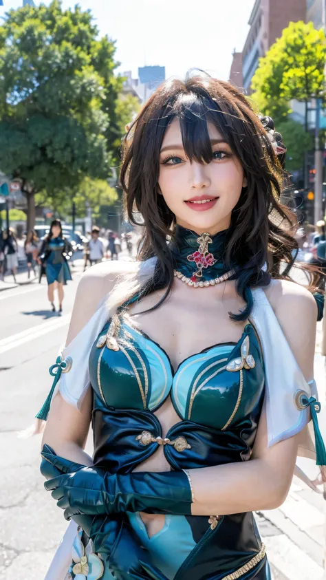 (Masterpiece), best quality, HD, 4K, expressive eyes, perfect face, blue eyes, greeneyes, black choker, smiles, ruby necklace, masterpiece,best quality,(cityscape:1.4),(street:1.4),(outdoors:1.3),(photorealistic:1.4),(ultra detailed:1.3),unity 8k wallpaper...