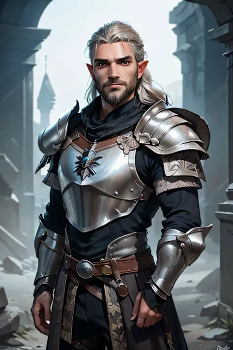 Masterpiece, Best Quality, Ultra-Detailed, epic lighting, fantasy art, DnD character, 1 man, high elf paladin, long braided light brown hair, long braided beard, blue glowing eyes, piercing and brilliant eyes, sharp facial features similar to Geralt from T...