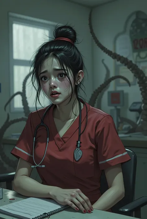 A frightened 20 year old Asian girl, beautiful face, black hair tied in a bun, dark red nursing scrubs, sitting at a nursing station in a dark abandoned hospital, tentacles are coming up behind her in the background as she sits unaware, Eldritch Horror, su...