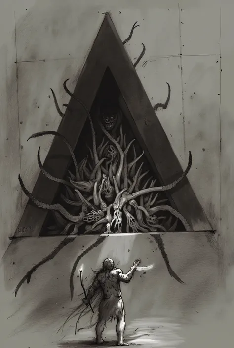 A man with no skin standing in front of a large black triangle on a concrete wall, he beckons with outstretch arms as tentacles slowly emerge from the blackness of the triangle, dim lighting from torches, Eldritch Horror, surreal, macabre, gory, high deta...