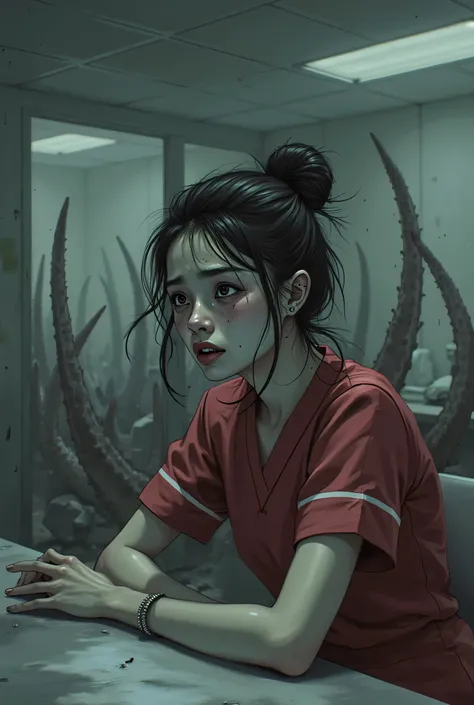 A frightened 20 year old Asian girl, beautiful face, black hair tied in a bun, dark red nursing scrubs, sitting at a nursing station in a dark abandoned hospital, tentacles are coming up behind her in the background as she sits unaware, Eldritch Horror, su...